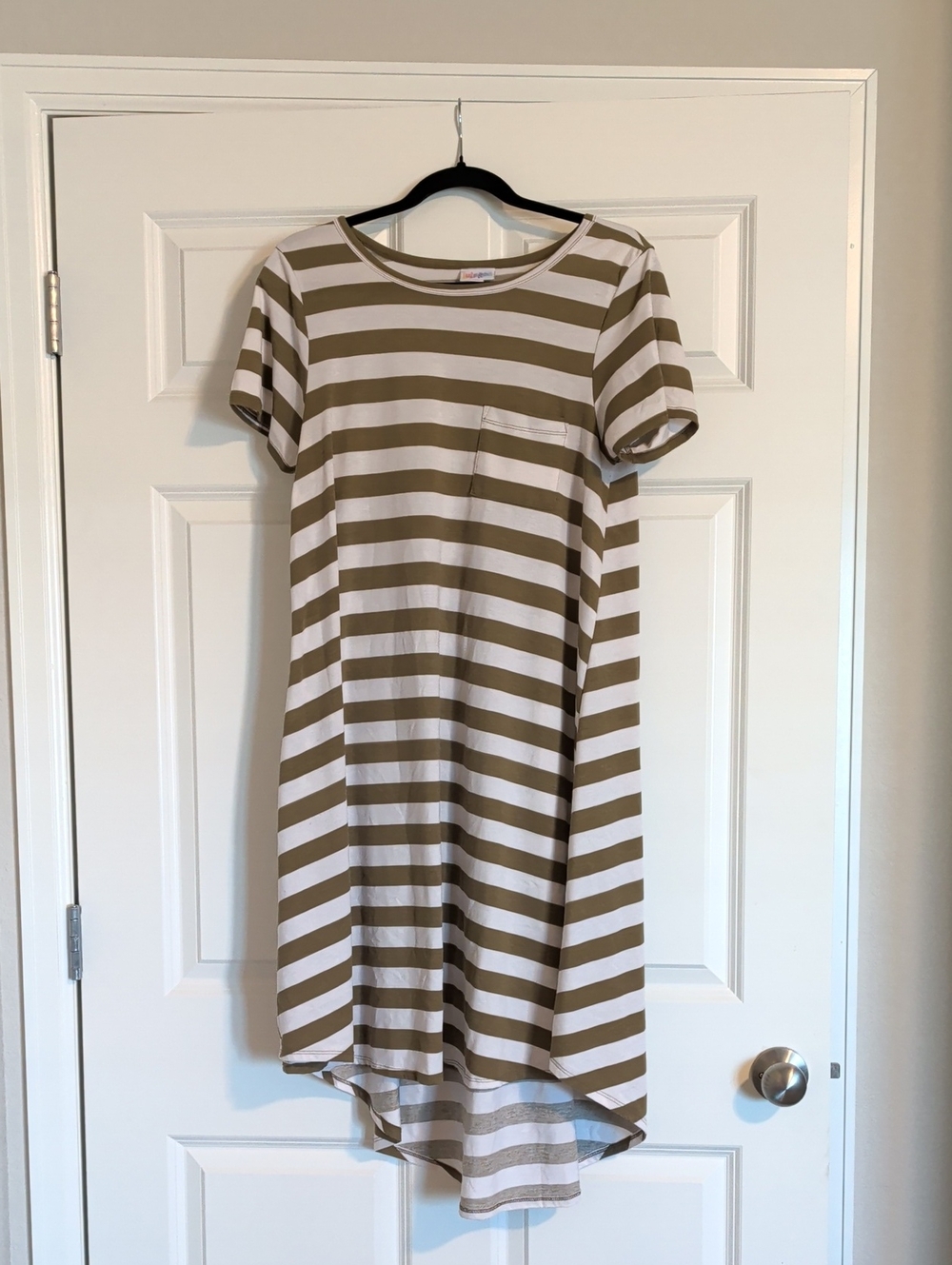 LuLaRoe Beige and White Striped Short Sleeve High-Low Dress